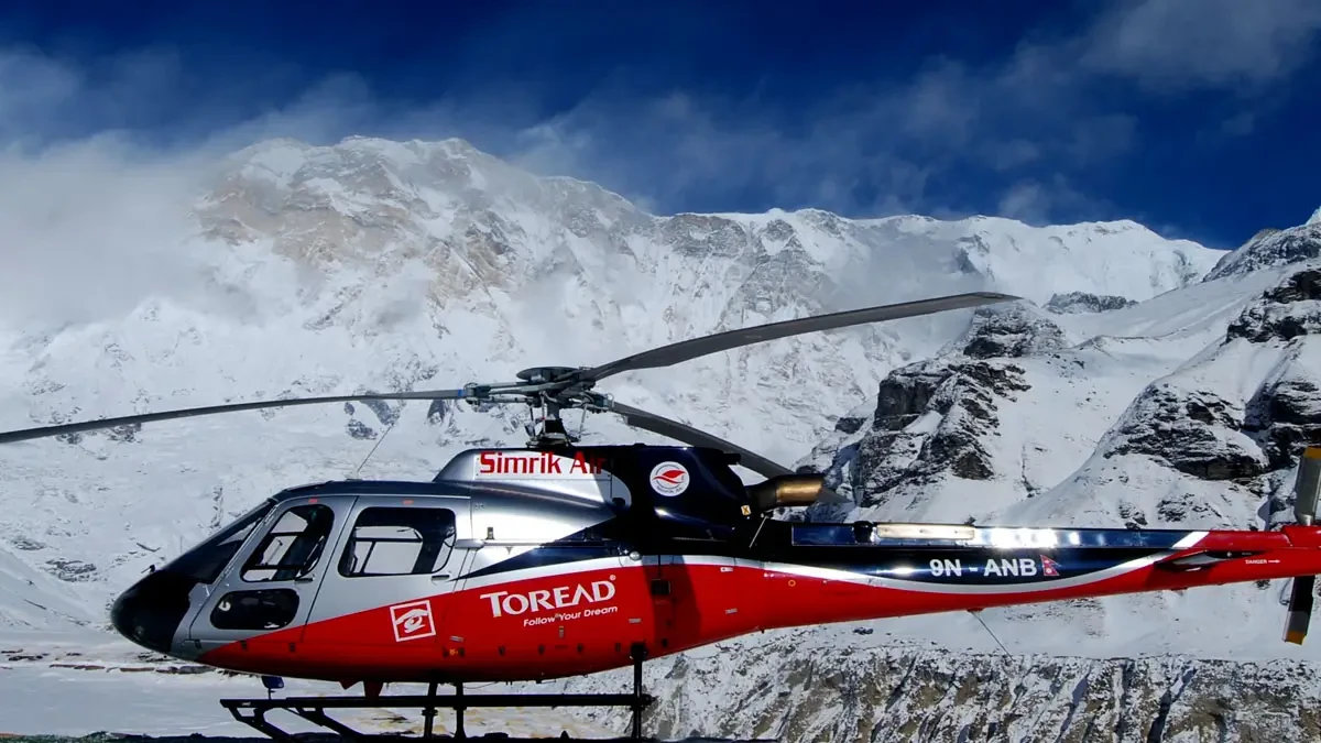 Simrik Helicopter Land at Annapurna Base Camp